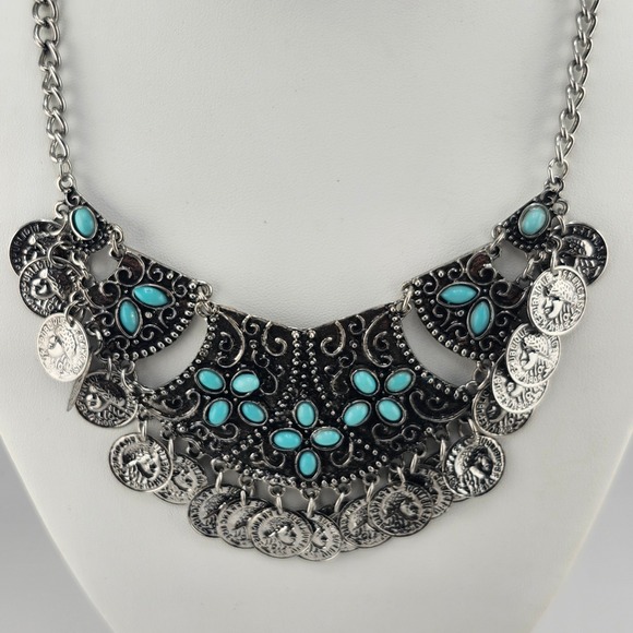 Jewelry - Coin Turquoise Bib Statement Necklace Silver Tone Boho Bohemian Fashion Jewelry